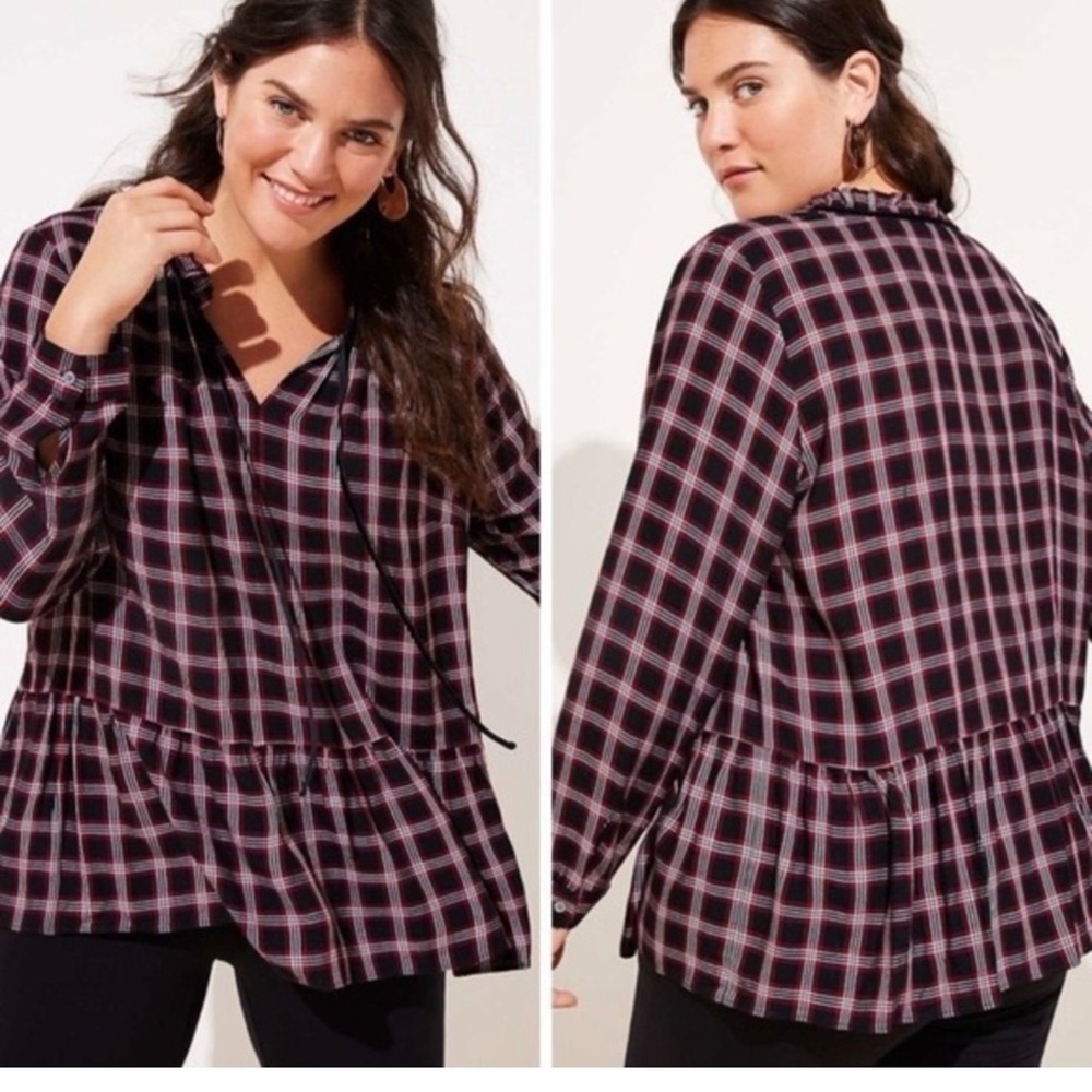 Loft Plus Red Black Plaid Tie V-Neck Peplum Blouse Size 26